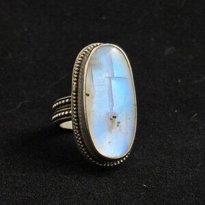 Rainbow Moonstone Oversized Ring in Sterling 7.5 US